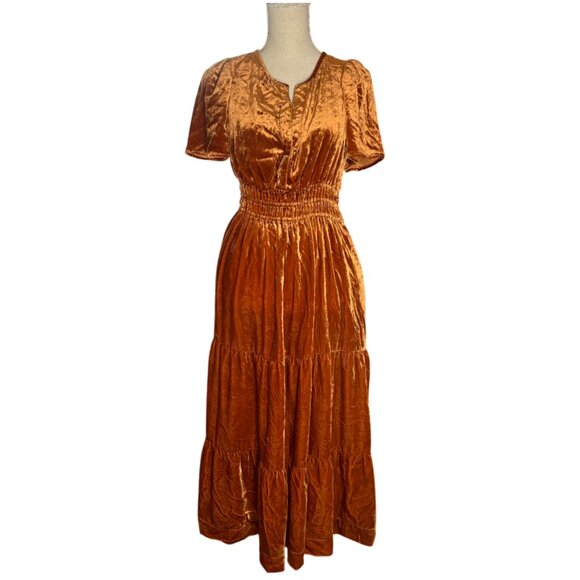 Anthropologie Somerset Velvet Maxi Dress size XS copper orange yellow honey tier - Picture 1 of 11
